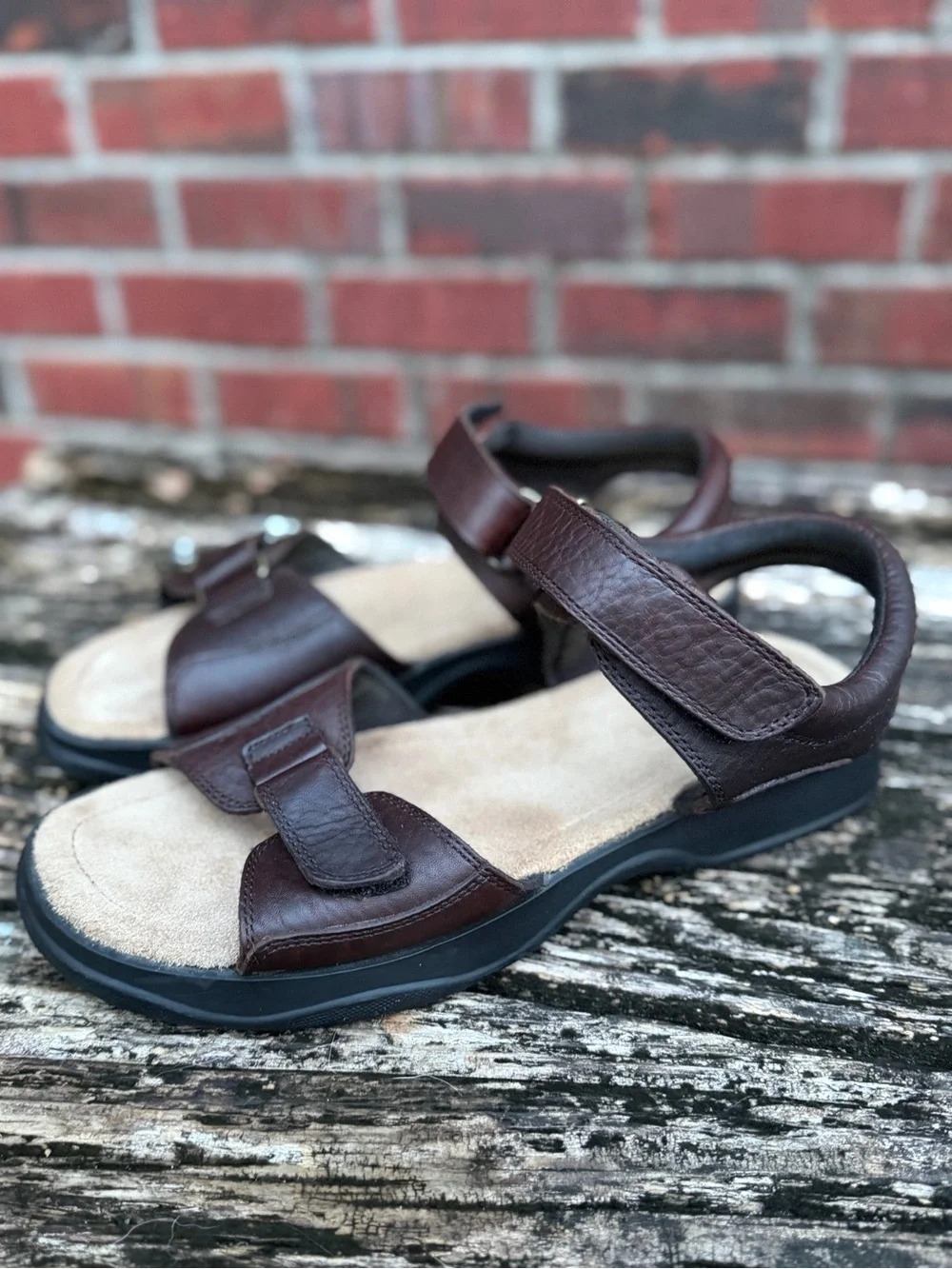 Lands' End Men's Sz 11 Comfort Adjustable Brown Leather Hook-&-Loop Sandals P2